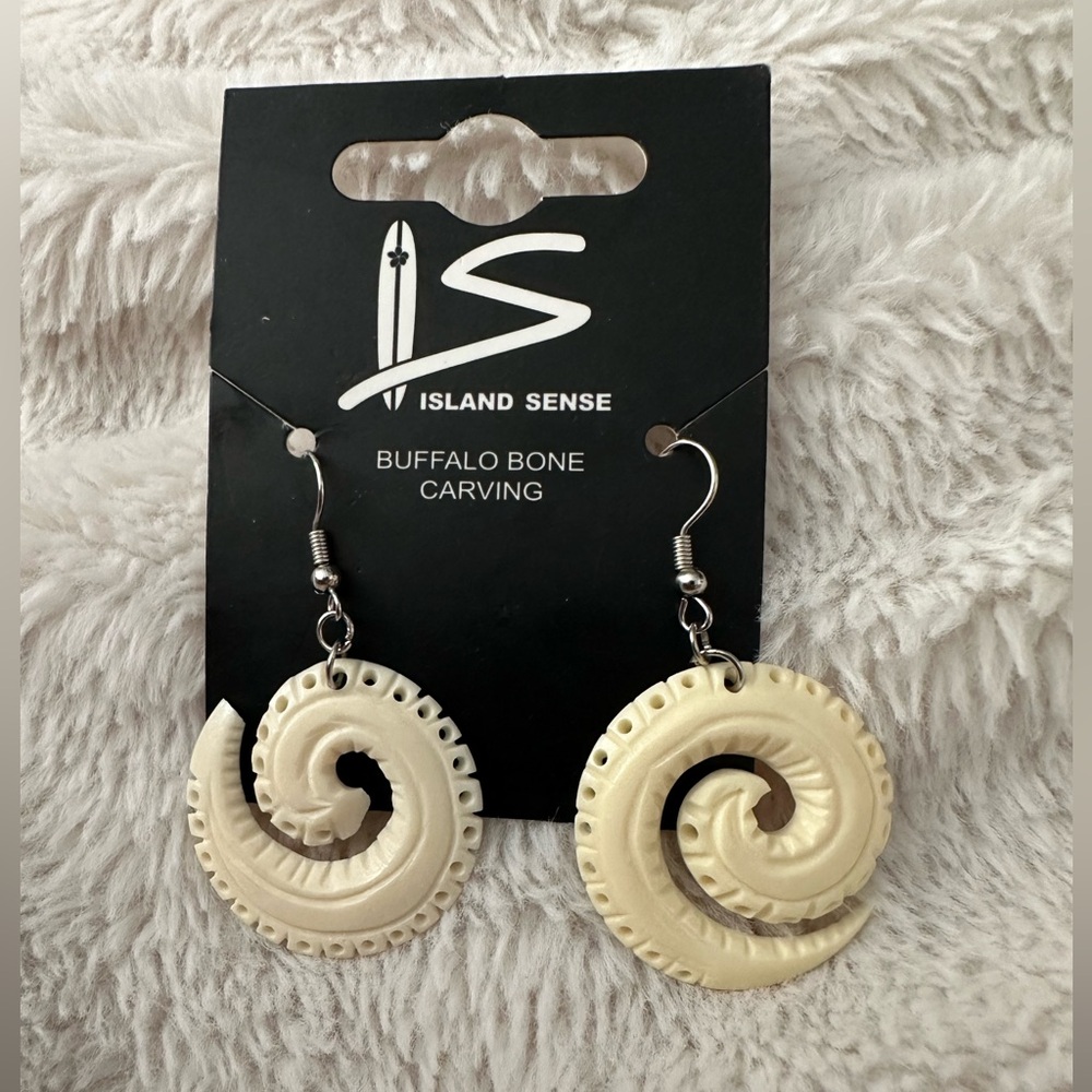 NEW Island Sense Buffalo Bone Carving Koru Earrings **See Note